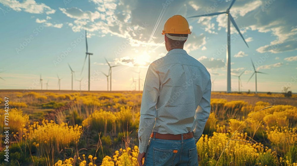 Poster Renewable energy source, Engineer standing in a field at a wind farm. Generative AI.