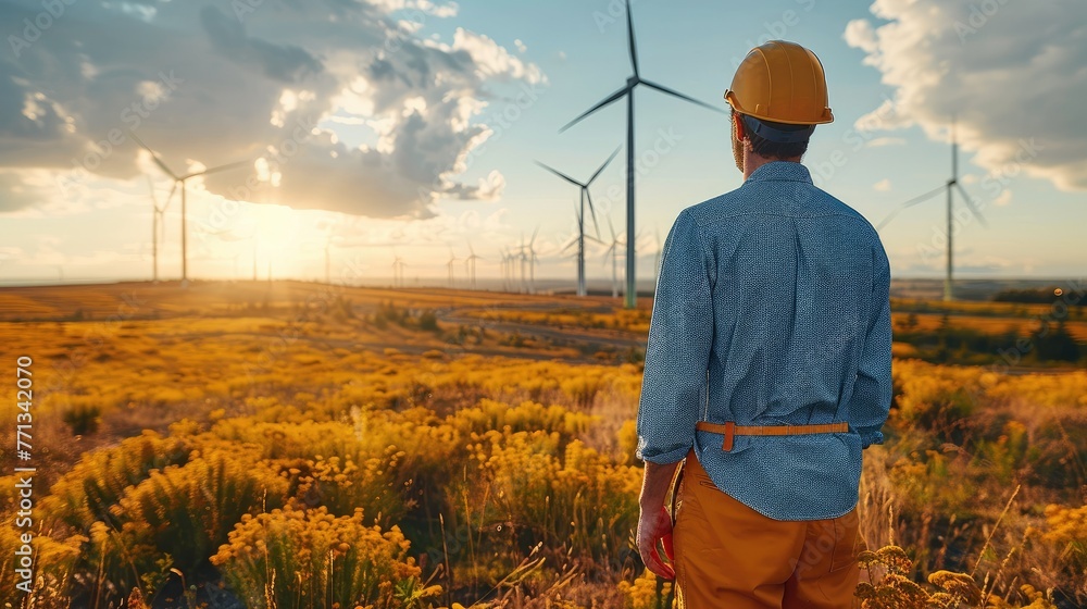 Aufkleber Renewable energy source, Engineer standing in a field at a wind farm. Generative AI.