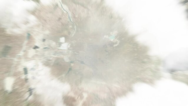 Earth zoom in from space to Kolwezi, Congo. Followed by zoom out through clouds and atmosphere into space. Satellite view. Travel intro. Images from NASA