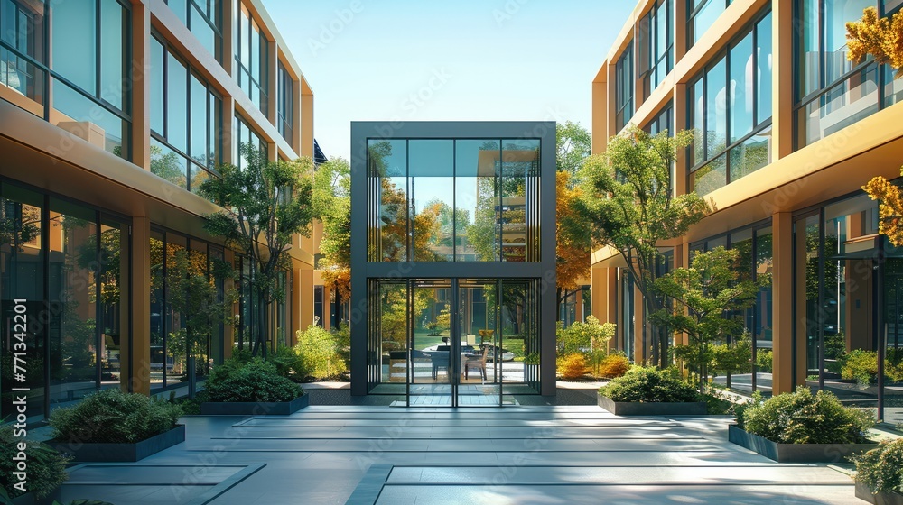 Aufkleber Office building exterior, showing multiple small office pods with sharp corners outside an office area. Generative AI.
