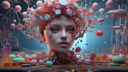 An artificial intelligence art generator that creates a distinct and future depiction of drugs and medical in a surreal setting - obrazy, fototapety, plakaty