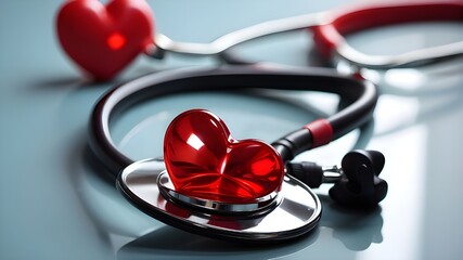 extreme close-up of a stethoscope and a scarlet heart on a copy space-filled reflecting surface. Concept of medical health and cardiovascular care. - obrazy, fototapety, plakaty