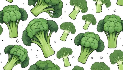 Seamless pattern with broccoli on white background. Continuous one line drawing broccoli. Black line art on white background with colorful spots. Vegan concept