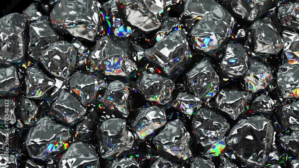Poster realistic 3d animation of the diamond crystals falling from the top filling up the volume rendered i