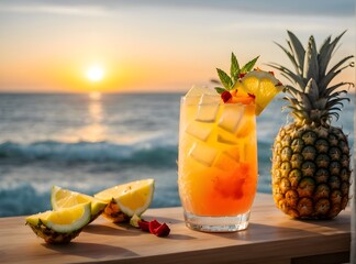 Tropical mocktail cocktail at sunset on the beach