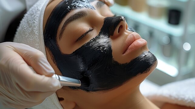 A girl having on her face in a salon carbon peeling. Generative AI.