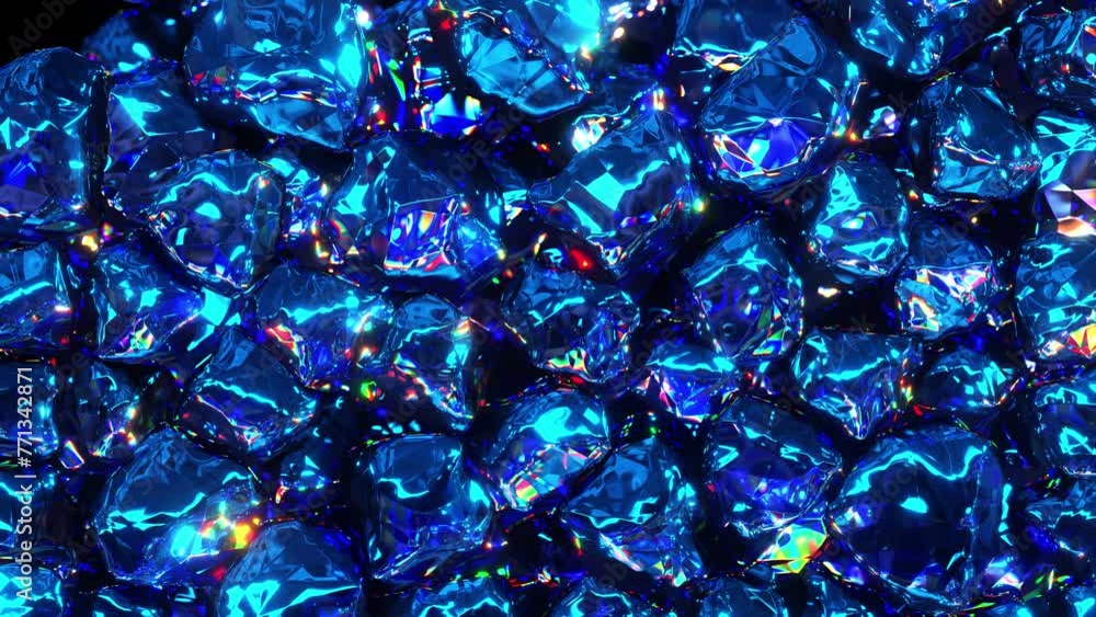 Poster realistic 3d animation of the blue sapphire crystals falling from the top filling up the volume rend