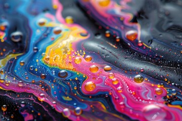 Colorful paint swirls and droplets on surface. This image captures a vibrant mix of colorful paint swirling together, creating a dynamic and fluid abstract pattern with droplets scattered throughout 