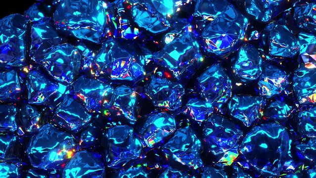 Realistic 3D animation of the blue sapphire crystals falling from the top filling up the volume rendered in UHD with alpha matte