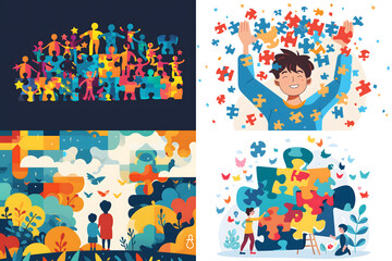 World autism awareness day, Images of children with autism holding their energy standing and looking at the colorful wall exploded in abundance - obrazy, fototapety, plakaty