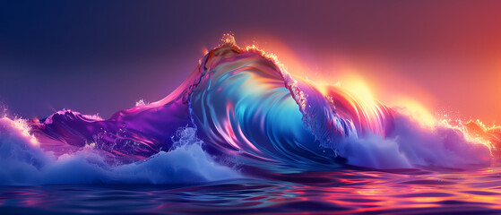 A wave in the ocean is illuminated by a pink and blue neon light. - obrazy, fototapety, plakaty