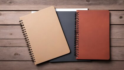 Set of notebooks and booklets on wooden texture. Concept for education and business
