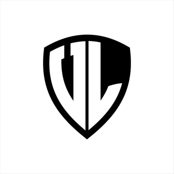 VL monogram logo with bold letters shield shape with black and white color design