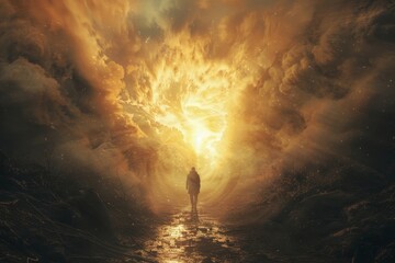 A man walking through a dark valley toward the heavenly light trusting in God, Generative AI - obrazy, fototapety, plakaty