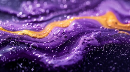 Colorful paint swirls and droplets on surface. This image captures a vibrant mix of colorful paint swirling together, creating a dynamic and fluid abstract pattern with droplets scattered throughout 