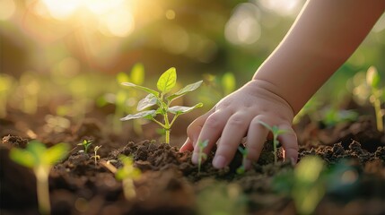 A Children hand gently caress the soil and sprouting plants. It is a symbol of hope and growth. Generative AI.
