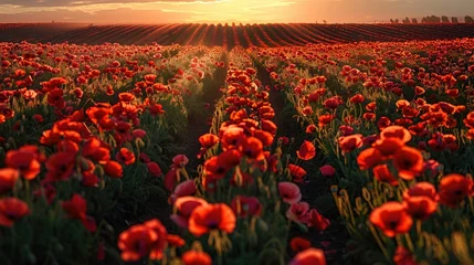 Foto op Plexiglas A field of poppies with rows and rows of red flowers growing in the distance. Generative AI. © visoot