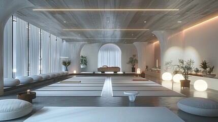The indoor lighting design is based on the original structure of yoga studio. Generative AI.
