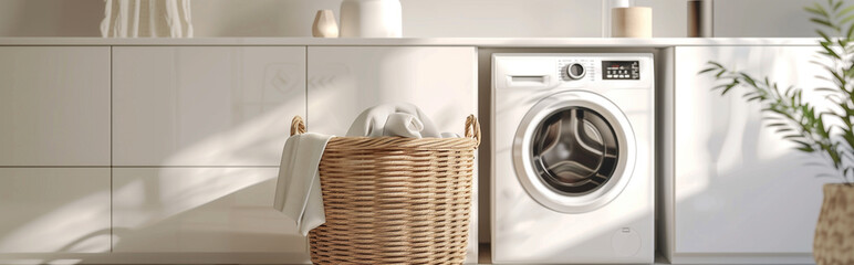 Laundry space with basket and washing machine background. Generative AI