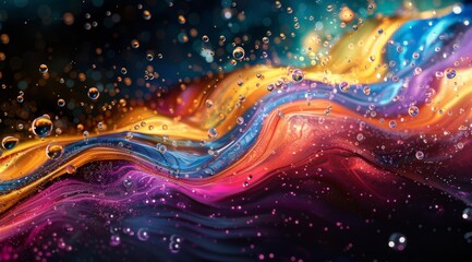 Colorful paint swirls and droplets on surface. This image captures a vibrant mix of colorful paint swirling together, creating a dynamic and fluid abstract pattern with droplets scattered throughout  - obrazy, fototapety, plakaty