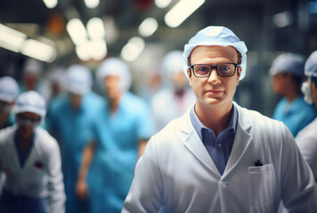 Fototapeta premium A man in white medical goggles stands with several people near him, his industrial influence, nanopunk, tilt-shift photography, and depictions of labor apparent.