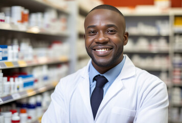 Fototapeta premium A male pharmacist in a white gown with arms crossed stands in a pharmacy aisle, his bold colorism, installation-based style, and happycore apparent in light gray and dark brown.