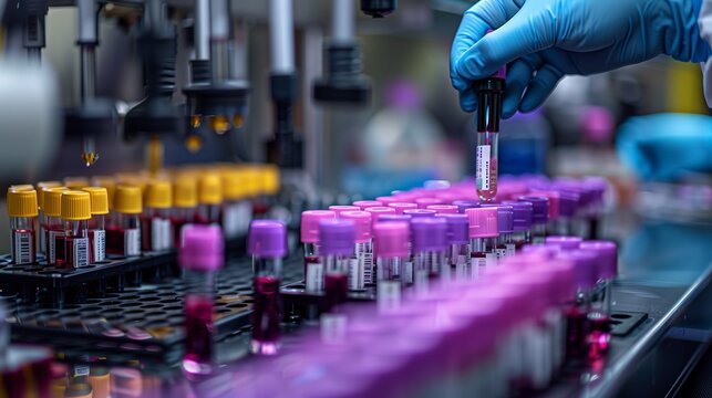Laboratory Technician Sorting Blood Sample Tubes. Lab technician organizes blood samples in test tubes for analysis in a modern medical laboratory environment.