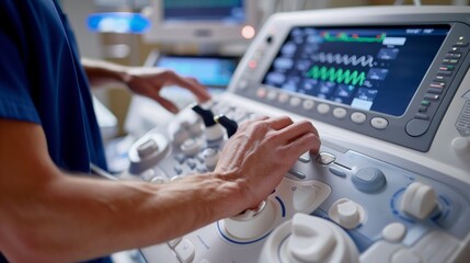 Healthcare Professional Operating Ultrasound Machine. Close-up view of a healthcare worker's hands adjusting the controls on an ultrasound machine with a screen showing live scans.