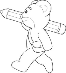 Cartoon bear walking and carrying a large pencil outline