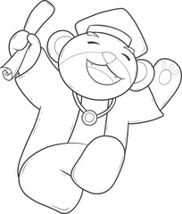 Cartoon of a happy brown bear in a graduation cap holding a diploma outline