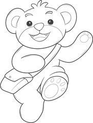 Cartoon of a cheerful brown bear with a blue satchel outline