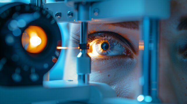 Eye Examination with High-Tech Ophthalmology Equipment. Patient undergoing an eye examination using advanced ophthalmology equipment with orange light, for accurate diagnostics.