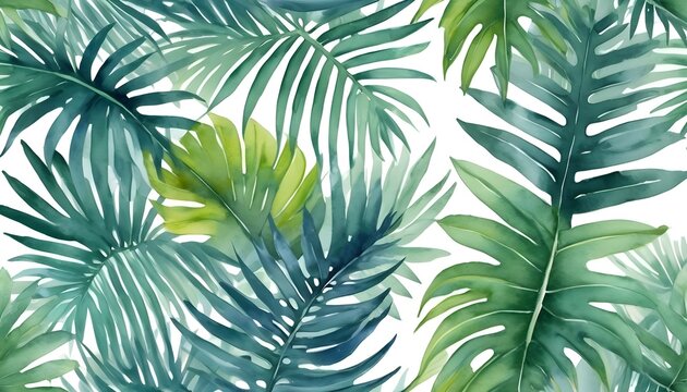 Watercolor Tropical Seamless pattern. Modern summer jungle motif. Palm leaf endless repeat. Botanical exotic plants leaves. Painted background for textile, surface, fashion, swimwear, fabric design.