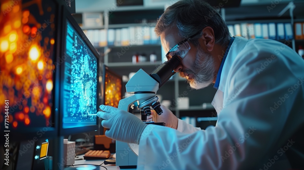 Poster scientist examining samples with microscope in laboratory. meticulous scientist examines biological 