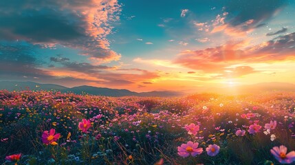Beautiful and amazing of cosmos flower field landscape in sunset. nature wallpaper background. ,Generative ai, 