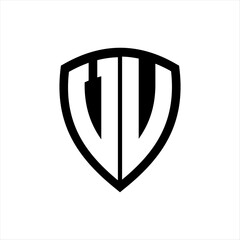 VU monogram logo with bold letters shield shape with black and white color design