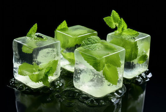 Several green ice cubes with mint leaves on top reflect chillwave and a transparent/translucent medium.