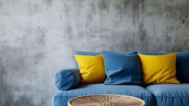
close up of Blue sofa with yellow pillos and round rattan coffee table against concrete wall with copy space. Minimalist, scandinavian home interior design of modern living room.