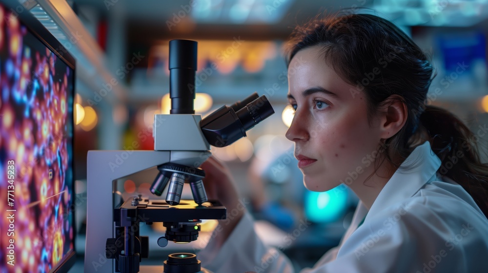 Poster female scientist using microscope in laboratory. female scientist examining samples with a microscop