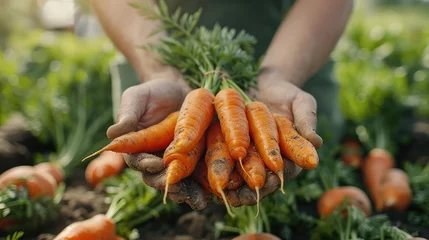 Deurstickers Shot of Young farmer hands with bunch of freshly harvested carrots. Generative AI. © visoot