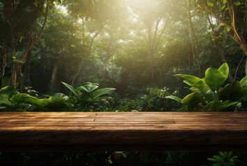 A brown wooden table sits in the middle of the jungle, sun lighting through it, its animated gifs and clear edge definition apparent in green. - obrazy, fototapety, plakaty