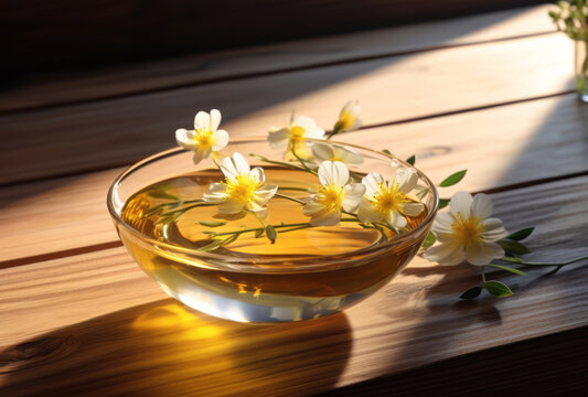 Camilla flower oil sits in a bowl on a wooden table, its yellow and white colors reflecting magewave, fawncore, and organic designs.