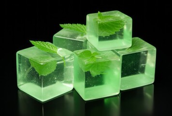 Green cubes with mint leaves next to them embody icepunk and chillwave, reflecting softly organic aesthetics.