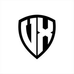 VX monogram logo with bold letters shield shape with black and white color design