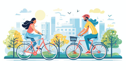 Couple riding bicycles In in the city. Illustration 