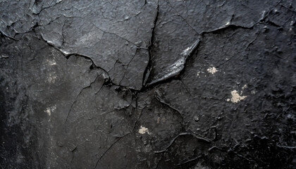 A close-up black and white shot of a cracked wall showing signs of deterioration and wear. The cracks cut through the concrete surface, creating a striking contrast between the dark shadows and light - obrazy, fototapety, plakaty