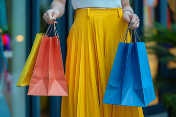 woman holding paper shopping bags in the style of preci 2fb0c471-884f-4551-8c26-409e1ebb8cc3