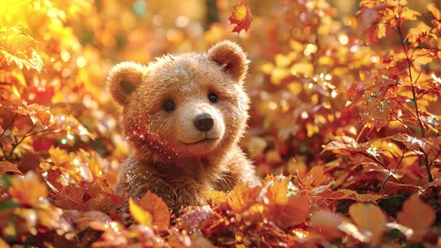 Explore the whimsical charm of a teddy bear nestled among the autumn trees in this enchanting 4k looping forest video.