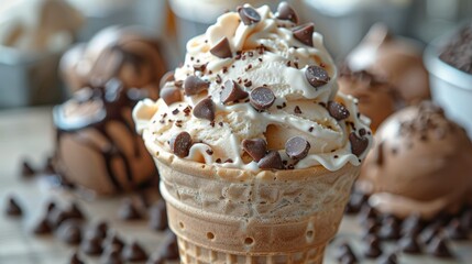 Ice cream cone with chocolate candies and chocolate chips. Generative AI.