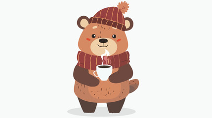 Cute bear cartoon wearing scarf and hat holding hot coffee